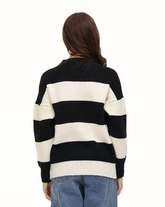 Details: Long-sleeve sweater with zebra stripes designTop Length: NormalSleeve Length: Long SleevesMaterials:100% Acrylic Black Sweater With Striped Sleeves For Winter, Winter Sweater With Striped Long Sleeves, Black Sweater With Striped Sleeves For Fall, Black Striped Sleeve Sweater For Fall, Black Tops With Contrast Stripes For Winter, Black Tops With Horizontal Stripe Pattern For Fall, Black Winter Top With Contrast Stripes, Winter Black Top With Contrast Stripes, Knit Tops With Striped Sleeves For Winter