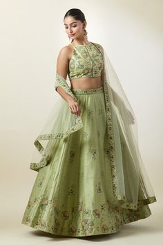 Pista attached can-can kalidar lehenga featuring floral embroidery. Paired with an embroidered padded blouse and a sheer dupatta. - Aza Fashions Cape Lehenga, Sheer Dupatta, Lehenga And Blouse, Kurta Lehenga, Lehenga Pattern, Jayanti Reddy, Green Thread, Green Lehenga, Padded Blouse