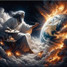 jesus painting the earth on fire with his paintbrush