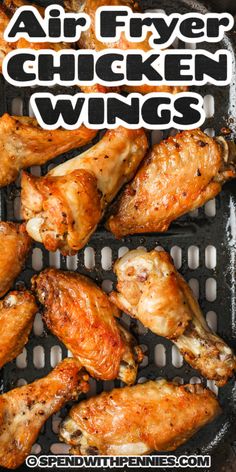 air fryer chicken wings on a grill with text overlay