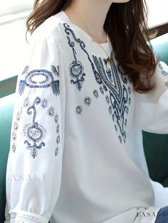 Lasaky - Exquisite Ethnic Embroidered Blouse: Sophisticated Crew Neck Comfortable Blouse, Tailored for Womens Daily Fashion Festive Long Sleeve White Blouse, Casual Long Sleeve Blouse With Printed Motifs, Elegant Summer Tops With Geometric Embroidery, Traditional Long Sleeve Blouse For Spring, Bohemian Long Sleeve Blouse With Geometric Embroidery, Elegant Summer Tops With Printed Motifs, Long Sleeve Embroidered Top With Motif For Spring, Traditional Printed Blouse For Spring, White Bohemian Tops With Printed Motifs