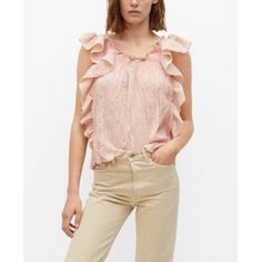 Mango Women's Textured Ruffled Blouse - Pastel Pink Setting You As The Showstopper Is Effortlessly Easy Wearing This Textured Ruffled Blouse From Mango. With Modal-Blend Fabric, Straight Design, Rounded Neck, Elastic Detail On The Neck, It Renders An Appealing Look. Spring Trendy Blouse With Crinkle Texture, Trendy Spring Blouse With Crinkle Texture, Feminine Ruffled Blouse For The Beach, Feminine Beach Blouse With Ruffles, Summer Feminine Blouse With Ruffles, Feminine Summer Blouse With Ruffles, Summer Crinkle Texture Blouse For Day Out, Feminine Ruffled Blouse For Vacation, Chic Crinkle Texture Blouse For Day Out