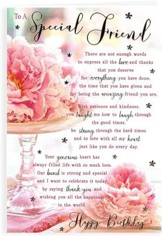 a greeting card with pink flowers on a plate and the words, to a special friend