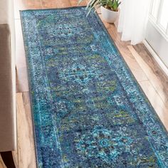 a blue area rug with an ornate design on the bottom, and a plant in the middle