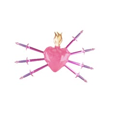 a pink heart shaped object with six purple sticks sticking out of it's center