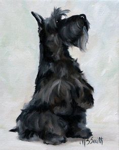 a painting of a black dog sitting in front of a white background and looking up