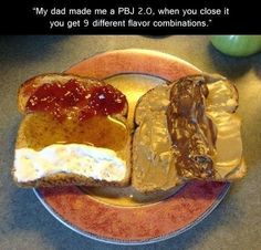 a plate with two sandwiches on it and an apple in the background that says, my dad made me a pbj 2 when you close