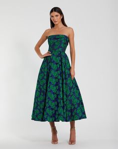 Brocade Strapless A Line Midi Dress A Line Midi Dress, Straight Across Neckline, A Line Cocktail Dress, Plastic Dress, Floral Pleated Skirt, Fall Wedding Guest Dress, Daytime Dresses, Fall Wedding Dresses, Mac Duggal