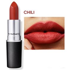 Mac Matte Lipstick In Chili (Warm Brick Red). A Creamy Rich Lipstick Formula With High Colour Payoff In A No-Shine Matte Finish. Nwt. Mac Chili Lipstick, Mac Red Lipsticks, Mac Lashes, Mac Retro Matte Lipstick, Mac Viva Glam, Frosted Lipstick, Best Red Lipstick, Mac Retro Matte, Makeup Mac