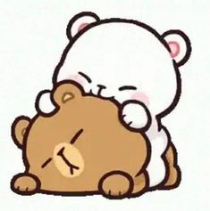 a brown and white teddy bear laying on top of it's back with its eyes closed