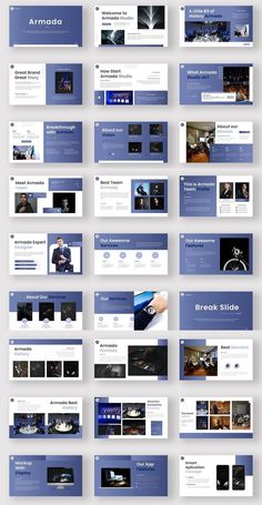 a bunch of blue and white webpages with different layouts on them, all in