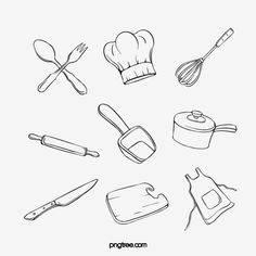 the kitchen utensils are drawn in black and white