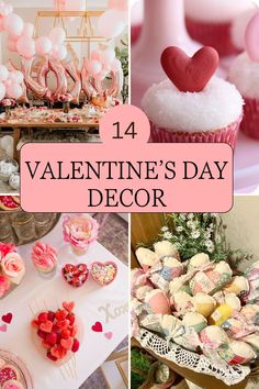 valentine's day decorations and desserts are featured in this collage