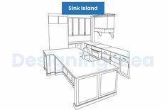 an outline drawing of a sink island with drawers and cabinets in the back ground area