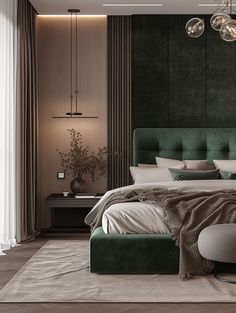 Gatsby style glamour in the accessories of an Art Deco bedroom Modern Art Deco Interior Bedroom, Classic Luxury Bedroom, Classic Contemporary Bedroom, Dark Green Bedroom Ideas, Dark Green Bedroom, Master Room Design, Luxury Hotel Bedroom, Green Bedroom Ideas