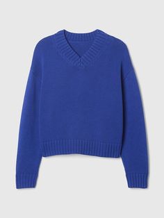 Oversized V-Neck Sweater | Gap Gap Oversized Tops For Fall, Oversized Gap Tops For Fall, Casual Gap Sweater With Ribbed Cuffs, Gap Fall Oversized Tops, Gap Long Sleeve Sweater With Ribbed Cuffs, Blue Trendy V-neck Sweater For Fall, Gap Oversized Long Sleeve Sweatshirt, Gap V-neck Tops For Fall, Gap Cotton Sweater For Fall