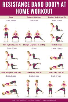 a poster showing how to do the resistance band body at home workout