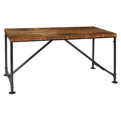 a wooden table with metal legs on a white background