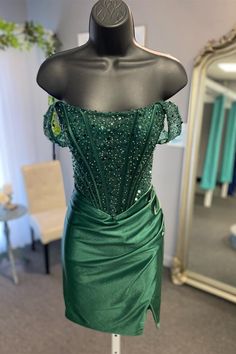 Off the Shoulder Dark Green Satin Mini Dress Emerald Green Sequin Dress Short, Emerald Green Satin Dress Short, Dark Green Hoco Dress, Dark Green Dress Short, Green Satin Mini Dress, Red Hoco Dress, Green Hoco Dress, Hoco Ideas, Short Green Dress