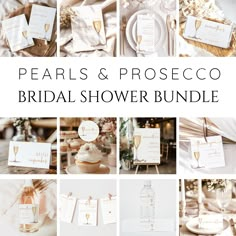 a collage of photos with the words pearl and proseco bridal shower bundle