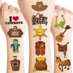 PRICES MAY VARY. Including eight sheets tattoos with various styles, sufficient in quantities and colors to meet your daily requirement of using and sharing. You guys can easily use this set of Cowboy First Yee Haw temporary tattoos and take unique photos to make fond memories. Party Essential: Fit for Most Party Occasions especially My First Rodeo themed birthday party decorations Wild West theme such as for party decorations, wedding, anniversary celebration and more. How to Use: Easy to use. Rodeo Themed Birthday Party, Rodeo Themed Birthday, Horse Rodeo, Birthday Cute, Western Party, Christmas Gifts For Boys, Temporary Tattoos, Wild West