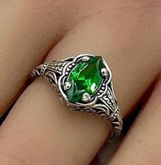 Vintage Vivid Green Marquise Cut Simulated Emerald In 925 Solid Sterling Silver Filigree Ring. Excellent Condition, Satisfaction Guaranteed! Vintage May Birthstone Rings, Emerald Gem, Sterling Silver Filigree, Filigree Ring, 40th Anniversary, Silver Filigree, Marquise Cut, Beautiful Rings, Silver Fashion