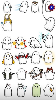 some cartoon ghost characters with different expressions