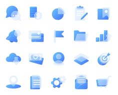 a collection of blue and white icon sets on a white background with shadow overlay