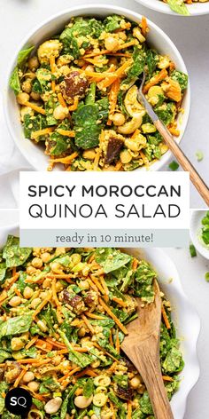 two bowls filled with spinach and quinoa salad on top of a white table