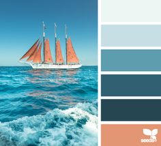 a sailboat sailing in the ocean with blue sky and white clouds above it is color swatches