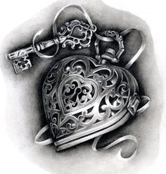 a pencil drawing of a heart and key