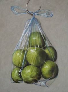 a painting of some green apples in a bag