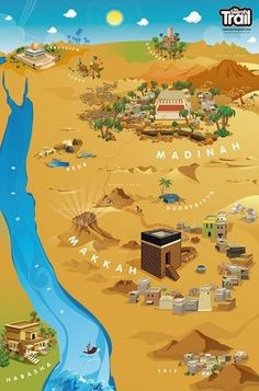 an illustrated map of the land and water in the middle of the desert, with many buildings on it