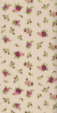 a white background with pink flowers and green leaves on the bottom half of the fabric