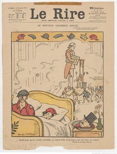 an old french newspaper with a drawing of a man in bed and other people around him