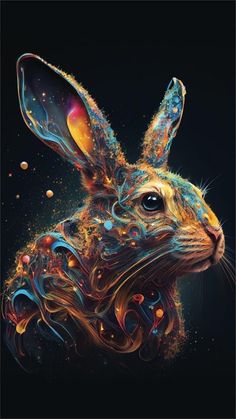 an abstract rabbit with bright colors on it's face and head, against a black background