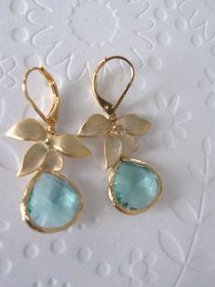 Turquoise Flower-shaped Jewelry For Wedding, Turquoise Flower Jewelry For Wedding, Turquoise Flower-shaped Wedding Jewelry, Elegant Turquoise Jewelry With Flower Charm, Elegant Turquoise Flower Earrings, Delicate Wedding Jewelry With Lever Back Ear Wires, Elegant Turquoise Earrings With Flower Charm, Orchid Jewelry, Mint Jewelry