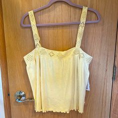 Beautiful Scalloped Edge Adjustable Strap Cami With Straps And Trim In Cutout Detail Small Ribbed Body. 19” Ptp 24” L Camisole Tops For Beach Season Day Out, Yellow Camisole Summer Tops, Yellow Summer Camisole Top, Beach Season Camisole Tops For Day Out, Yellow Tank Top For Beach, Yellow Tank Top For Vacation, Cotton Camisole Top For Beach Season, Yellow Camisole Tops For Beach, Beach Season Cotton Camisole Top