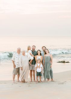 A light and airy extended family beach portrait taken at sunrise in St. Augustine Beach, Florida. Big Family Beach Pictures Outfits, Family Photos Hawaii What To Wear, Extended Beach Family Pictures, Modern Family Beach Pictures, Beach Pictures Large Family, Mexico Beach Family Photos Outfits, Hawaii Photo Outfit Ideas Family, Best Family Beach Pictures