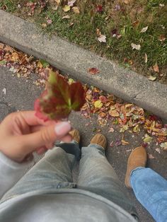 a person holding up a leaf in front of their feet on the ground with leaves all over them