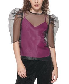 Call it sheer bliss| this sheer overlay puff sleeve top from DKNY boasts modern glamour and effortless elegance.| Approx. 23-1/2 long| Crewneck; button at keyhole back| Short puff sleeves| Sheer; lined with attached camisole| Shell/camisole; polyester Plaid Tunic, Tie Neck Tops, Sheer Overlay, Tie Dye Shorts, Puff Sleeve Top, Fast Fashion, Long Sleeve Pullover, Puff Sleeve, Camisole Top