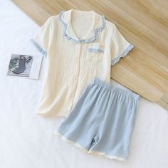 Are you looking for extremely light and comfortable nightwear? We have a Women's 2 Piece Cotton Crepe Pajama Set which comes with super comfy fabric and is designed for your comfort and has a cute ruffled collar. The cotton summer night dress for women is perfect for all occasions. It can be worn to a summer party, a casual lunch, or even at night to get a cozy comfortable sleep. This loungewear is all you need to help relax at home. They are soft and easy to touch which projects versatility and effortless grace in every step you take. Made to make you feel good, each of our Original Pajamas is an expression of our love for self-care, practicality, and a dash of flirty fun. How it’s made: Each of the pajamas is sourced from the finest quality fabric, sewn together by quality workmanship. M Embroidered Pajamas, Pijamas Women, Summer Loungewear, Loungewear Fashion, Cute Pajama Sets, Women Pajamas, Night Dress For Women, Cute Pajamas, Letter Embroidery