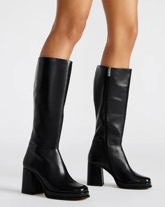 MYSTERY Black Leather Block Heel Platform Boot | Women's Boots – Steve Madden Going Out Boots, Tall Boots Outfit, Steve Madden Black Boots, Heels Boots Outfit, Platform Boots Women, Candle Pedestal, Aria Montgomery, Leather Boots Heels, Boots Square Toe