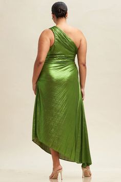 Indulge in the graceful elegance of the Jordyn Pleated Dress. This metallic pleated dress, crafted in luxurious moss, features a chic one shoulder design. Elevate your wardrobe with this sophisticated and exclusive piece, perfect for any upscale event. Green Dress Plus Size, Shoulder Design, Dress Plus Size, Pleated Dress, Green Dress, Plus Size Dresses, One Shoulder, Plus Size, Wardrobe