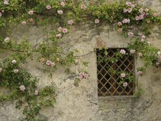 an old stone building with pink flowers growing on it's side and a window in the middle