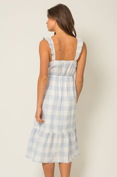 Indulge in effortless sophistication with our Petite Gingham Maxi Dress. The sleeveless design and ruffle shoulder detail add a touch of elegance, while the gingham print in white and blue exudes timeless charm. Perfect for any occasion, this dress is sure to make a statement. Sleeveless Square neckline Ruffle shoulder detail Maxi length High-quality fabrics Maxi Dress White, Gingham Print, Square Necklines, White Maxi Dresses, Petite Dresses, Classic Blue, White Patterns, Dress White, Square Neckline