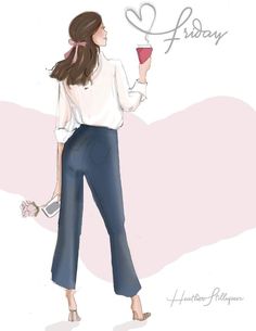 a drawing of a woman in high heels holding a glass of wine with the word friday written on it