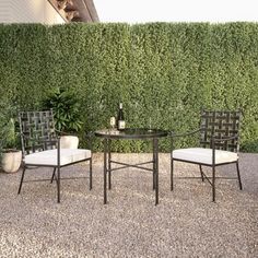 two chairs and a table in front of a green wall