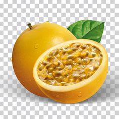 an orange with seeds and green leaves on it's side, against a transparent background