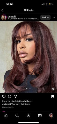 Chocolate Brown Burgundy Hair, Fall Hair On Dark Skin, Cheery Chocolate Brunette, Black Cherry Hair Color With Money Piece, Hair Colours For Dark Hair, Burgandy Hair On Brown Girl, Cherry Brown With Highlights, Burgundy Chocolate Hair, Morenita Hair Color